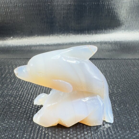 Vintage Had Carved Dolphins On Wave Small Figurine Blue Gray Opalescent Finish - Picture 9 of 9
